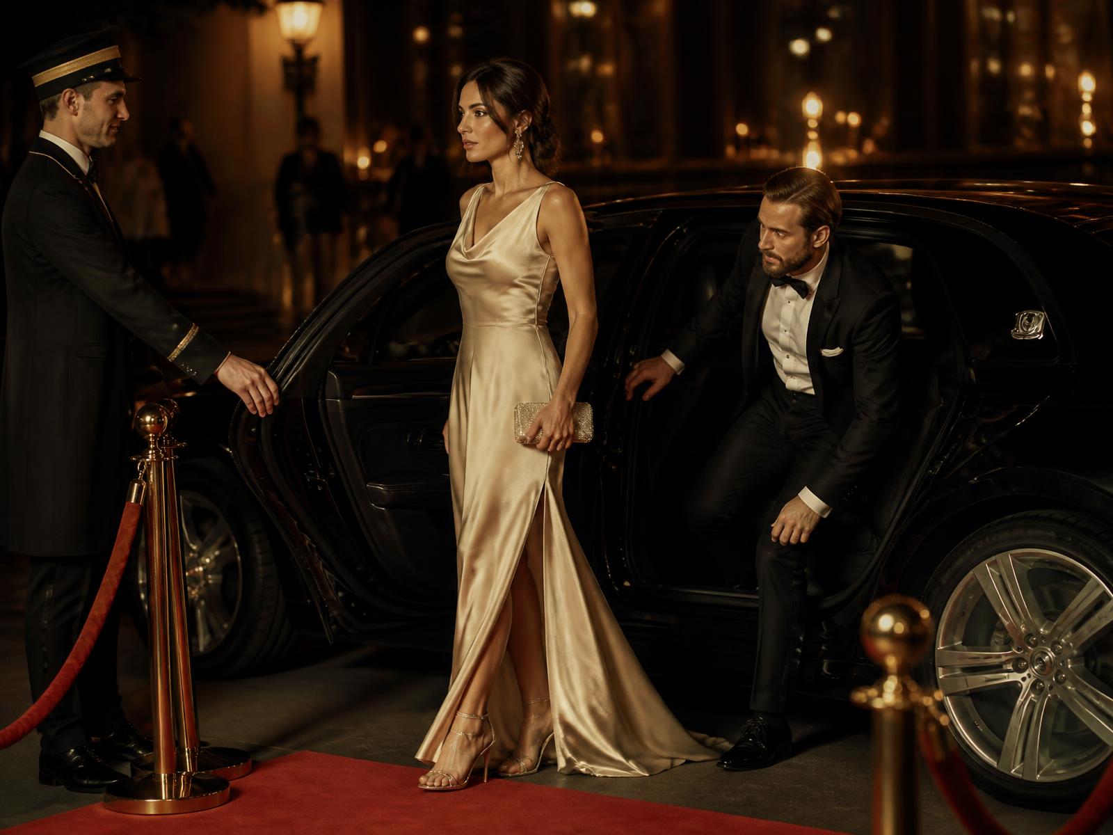 Guests arriving on a red carpet from a black luxury car